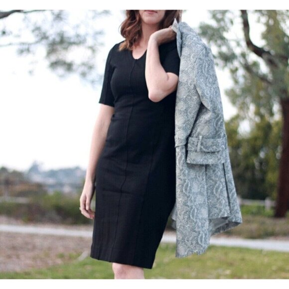 Cabi Sz 8 Solid Black V Neck Ponte Knit Sheath Shift Pencil Dress - Picture 4 of 12